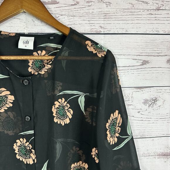 CAbi 5206 Blouse Women Medium Black Floral Ruffle Sheer Flowy La Di Da Shirt Top - Picture 3 of 11
